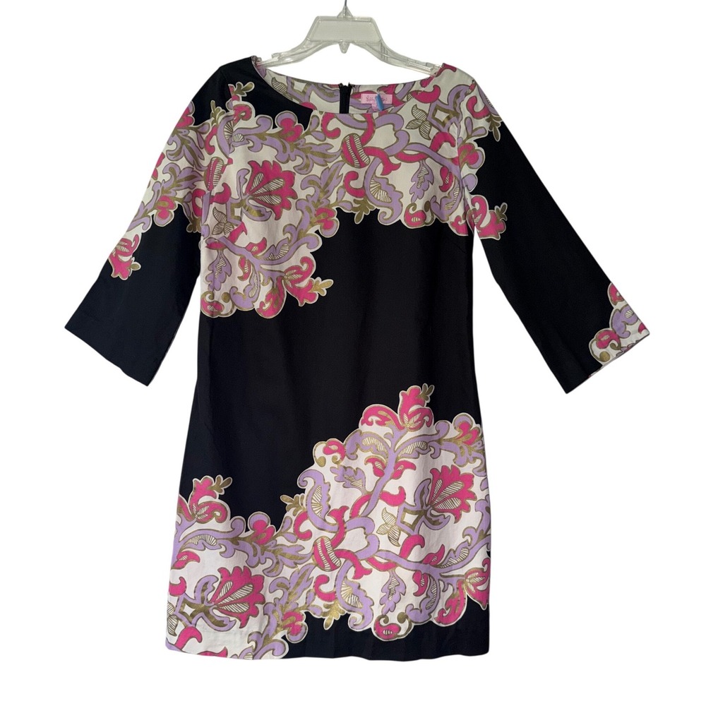 Lilly Pulitzer Shauna Black Pink Floral Paisley Shift Dress Metallic Size 8